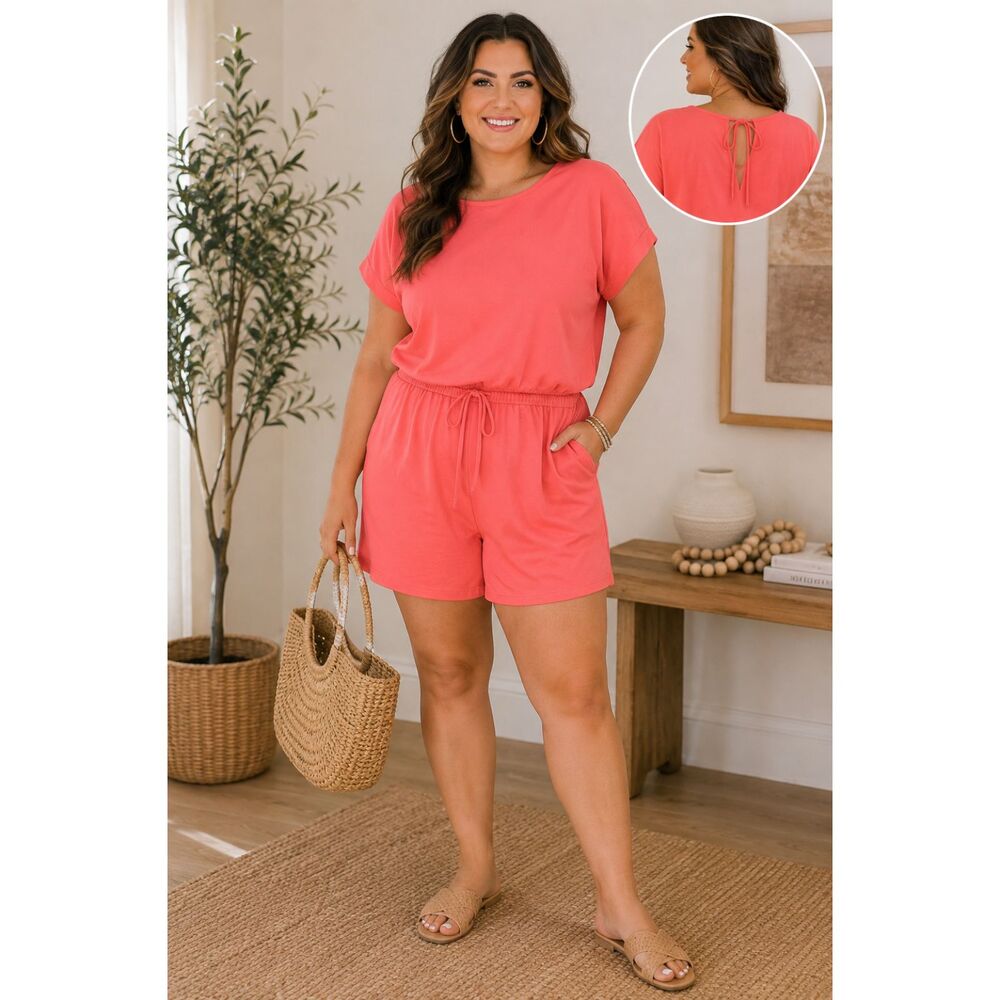 Zenana 2X Coral Pink Short Sleeve Romper Drawstring Waist Keyhole Back